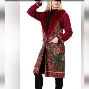 Badgley Mischka Leopards and Palm Fronds Intarsia Knit Coat. Sz L